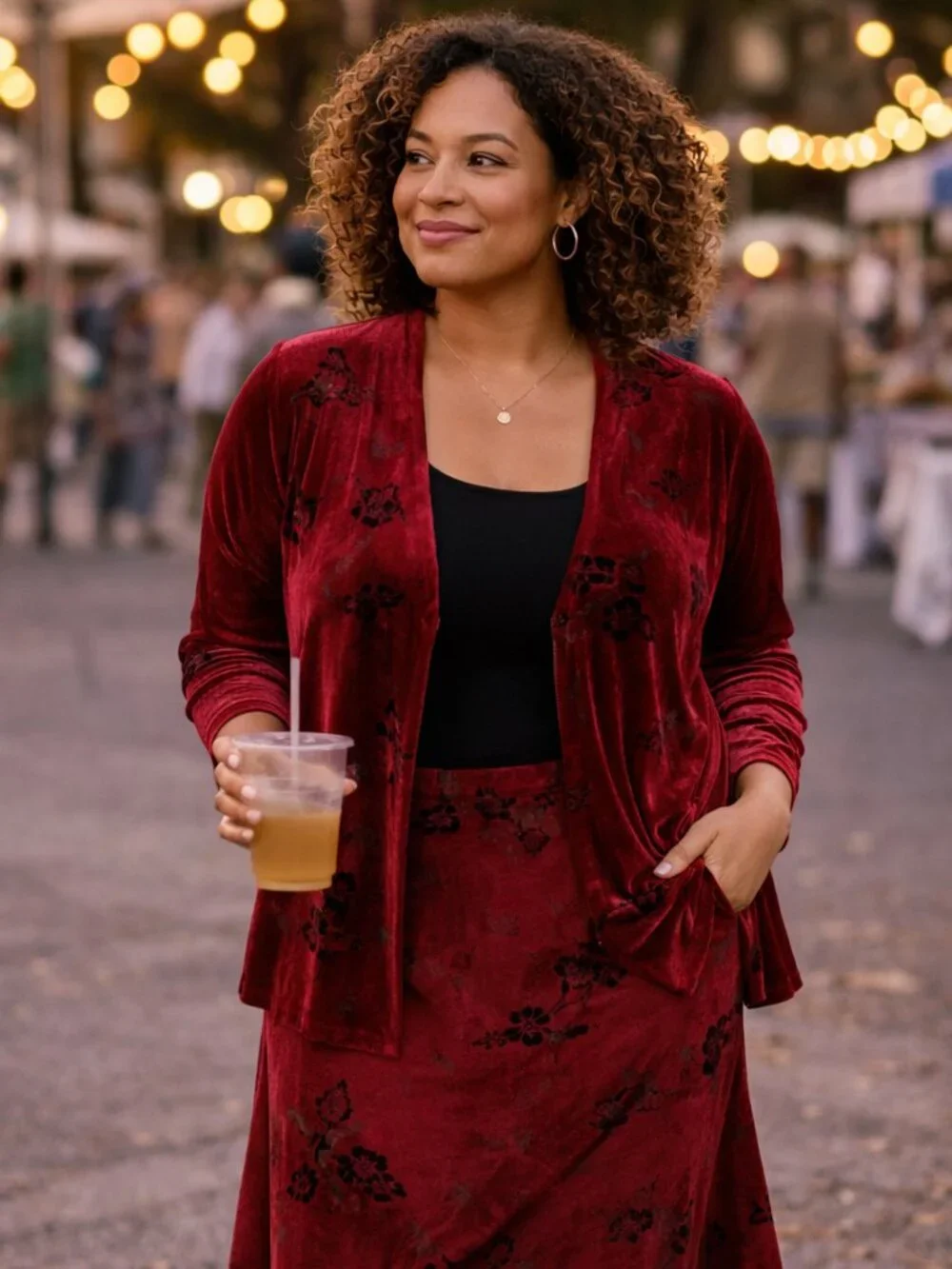 Notations Woman 2-Piece Burnout Set — Red Floral Mesh Jacket & Skirt — Size 2X
